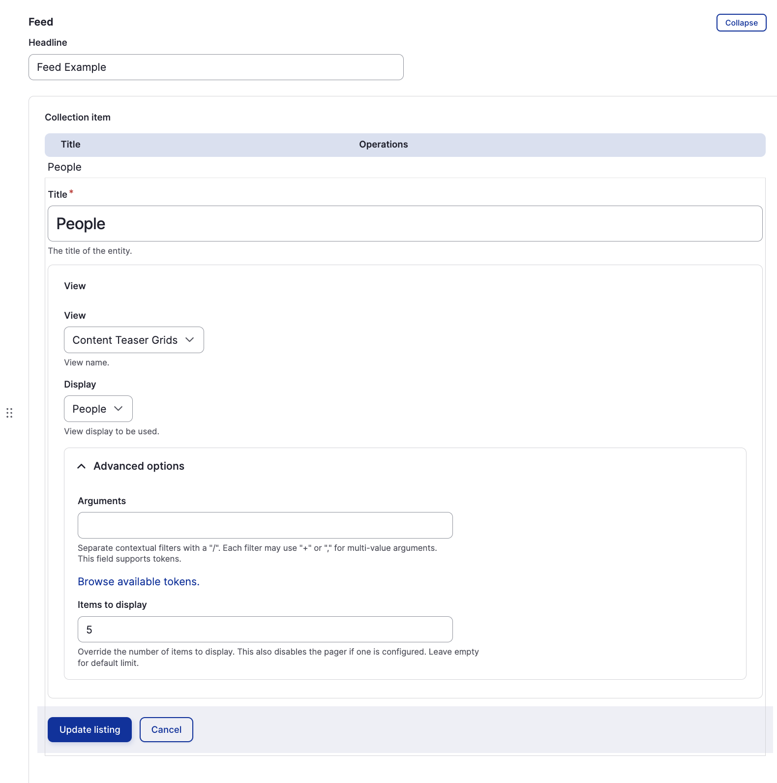 Screenshot of the feed paragraph authoring form.