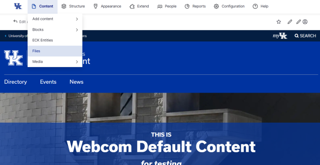Screenshot showing the Content menu open with Files highlighted.