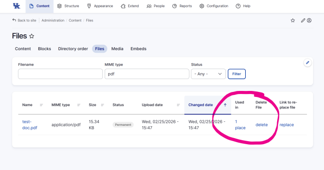 Screenshot of the File Admin View with Used in and Delete columns highlighted.