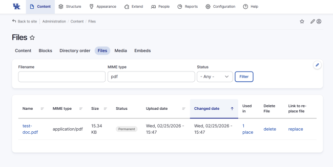 Screenshot of the Files Admin View with "PDF" added to the MIME Type Filter.